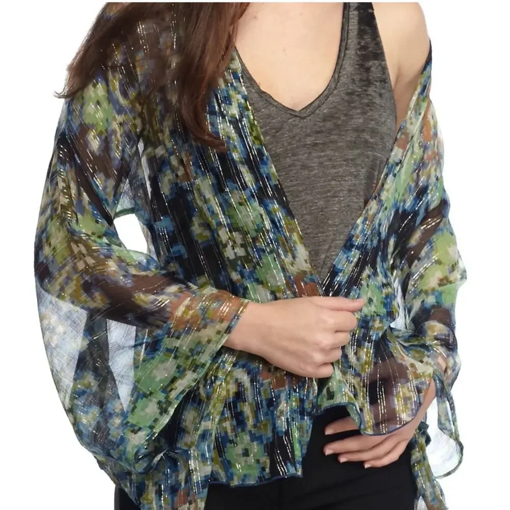 Free People Fleur De Lis blue sheer floral cardigan Kimono style duster sz Small
